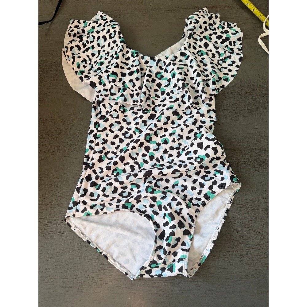 Leopard Print Ruffle One Piece Swimsuit Teal Black White Size Small